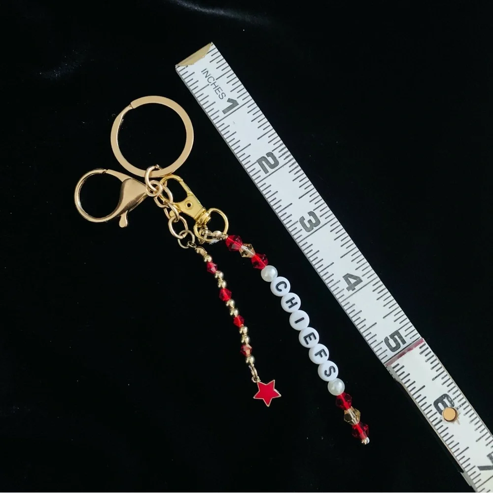 KC Chiefs Keychain Hand Beaded Red And Clear Crystals On A Gold Tone Keychain